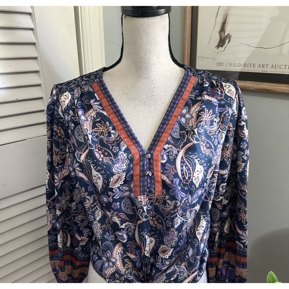 Current Air Top Womens Medium Satin Border Print Paisley Blouse Artsy Boho Chic